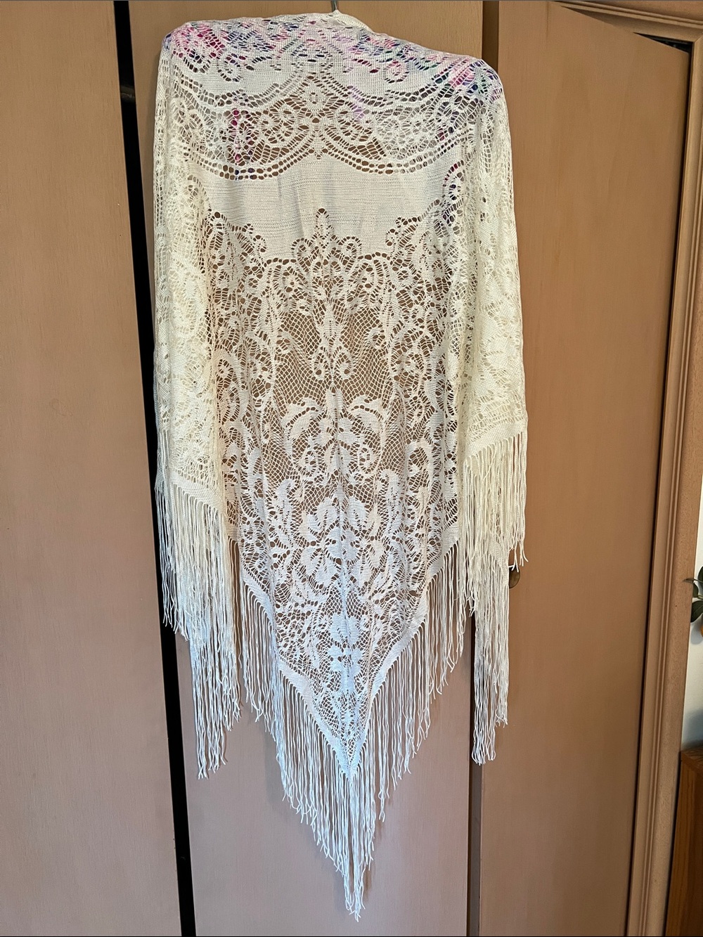 Ivory Crochet Fringe Shawl Wrap - Lightweight Feminine Cover-Up